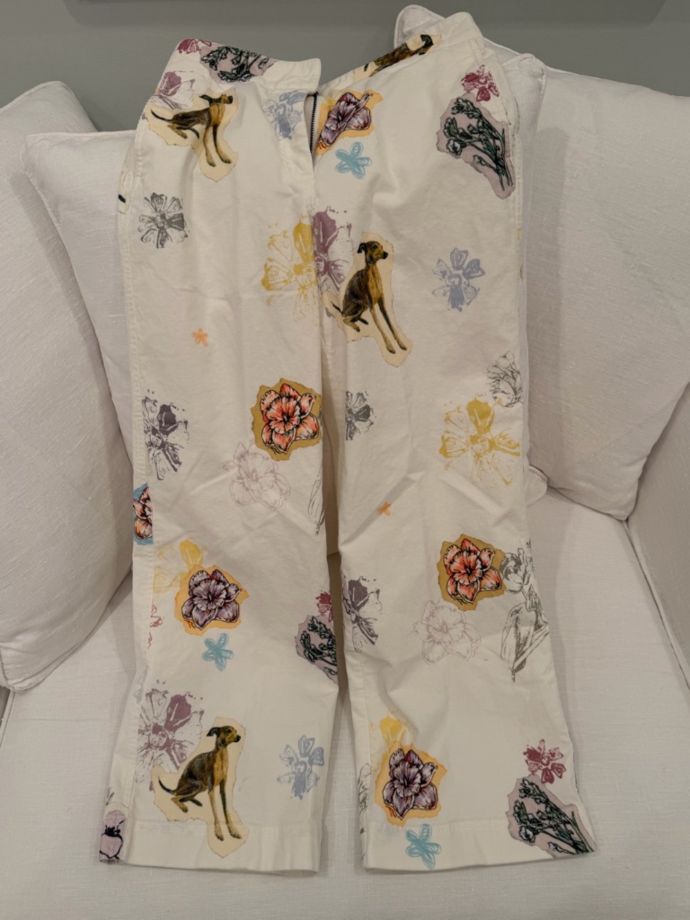 Off White Floral & Dog Print Boot Cut Pants corduroy
